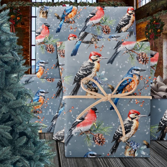 Woodpecker Bullfinch Blue Bird Erster Winterschnee Geschenkpapier Set (Woodpecker Bullfinch Blue Bird First Winter Snow Wrapping Paper Sheets Trio)