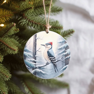 Woodpecker in Snowy Winter Woodland Weihnachten Keramik Ornament