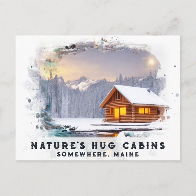 *~* Woods Cabin Lights AP49 Snowy Painting Dusk Postkarte (Vorderseite)