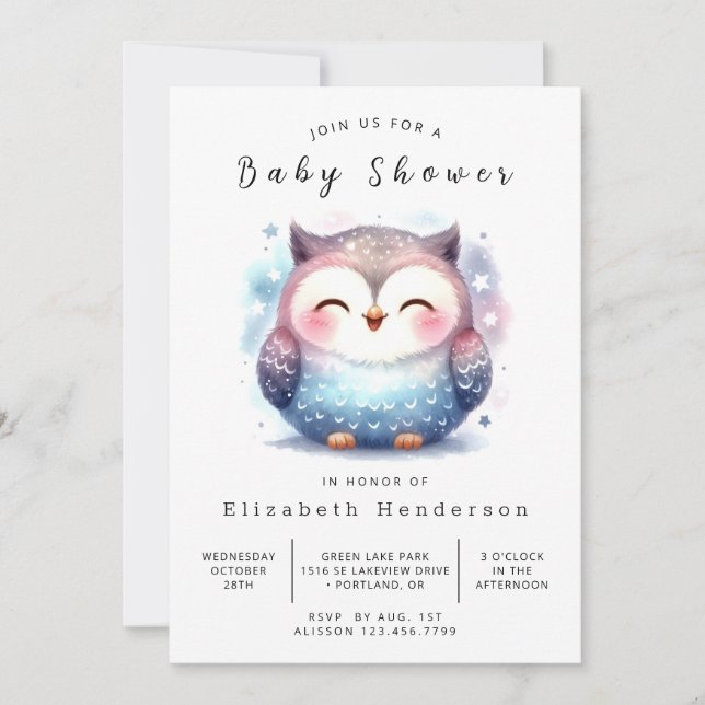 Woods Editable Owl Baby Dusche Einladung (Vorderseite)