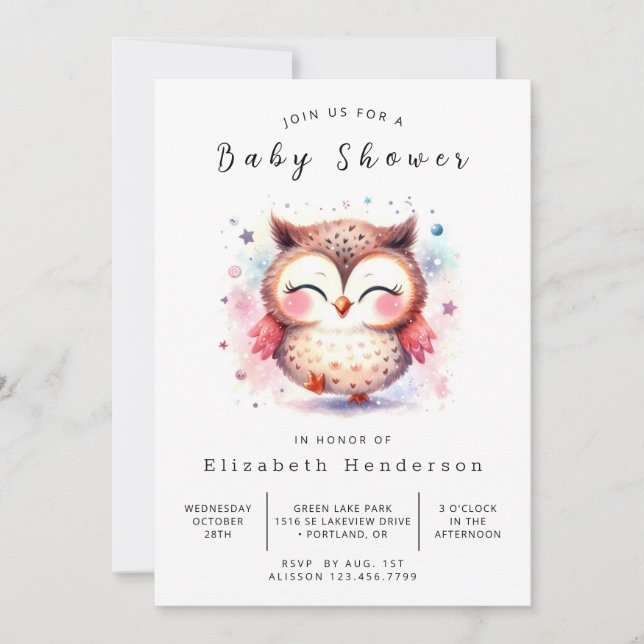 Woods Printable Owl Baby Dusche Einladung (Vorderseite)