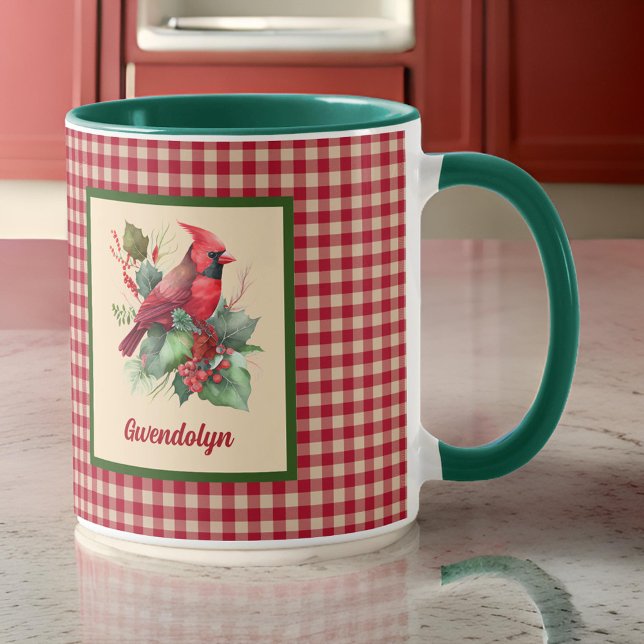Woodsy Kardinal mit Gingham Monogram Christmas Tasse (Von Creator hochgeladen)