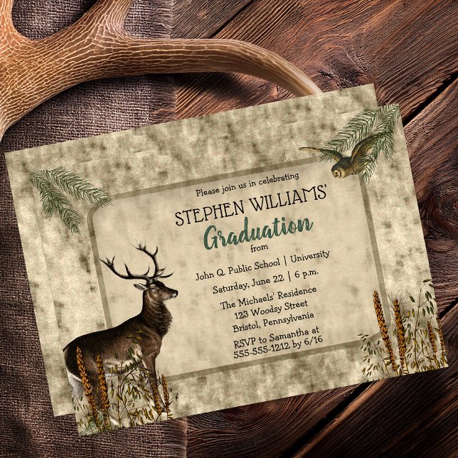 Woodsy Rustic Deh | Owl Graduation Party Einladung (Woodsy Rustic Deer and Owl Graduation Party Invitation -- Print | Digital Download)