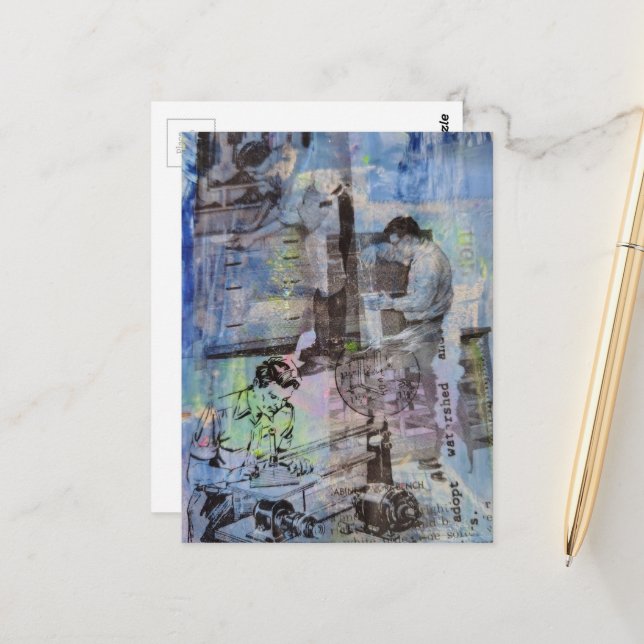 Woodworking Retro Men on a Blue Background Postkarte (Vorderseite/Rückseite Beispiel)