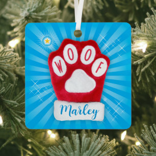 WOOF Christmas Santa Dog Red Mitten Sterne Name hi Ornament Aus Metall