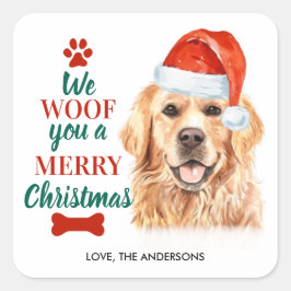 Woof Sie froh Weihnachten Niedlicher Hund Golden R Quadratischer Aufkleber
