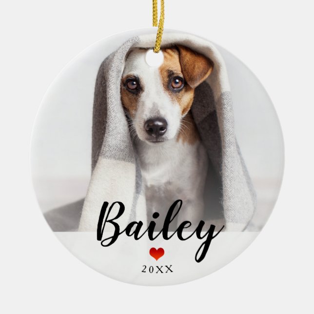 Woof | Sweet Red Heart mit Hunden Foto und Name Keramik Ornament (Vorne)