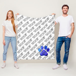 Woof Typografie Blue Paw Print Modern Dog Pet Spaß Fleecedecke