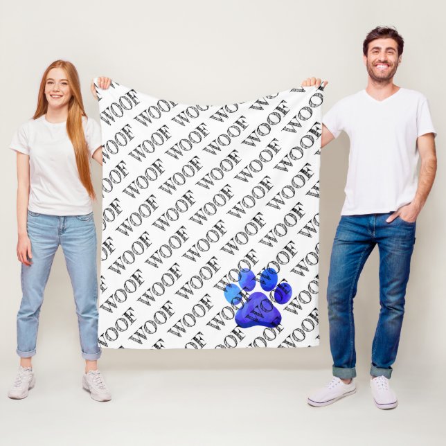 Woof Typografie Blue Paw Print Modern Dog Pet Spaß Fleecedecke (Beispiel)