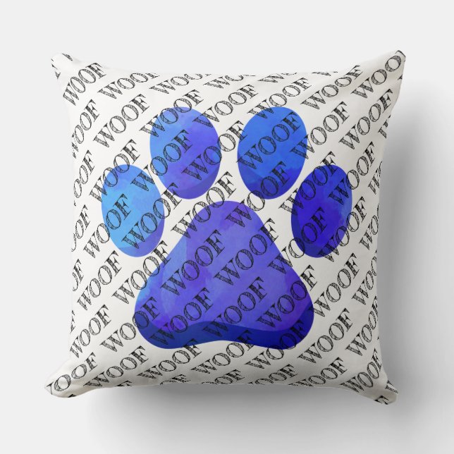 WOOF Typografy Blue Paw Print Modern Dog Pet Spaß Kissen (Vorderseite)