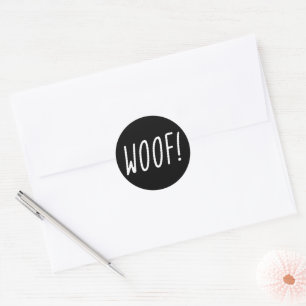 Woof! Weißer Text im schwarzen Hintergrund Runder Aufkleber