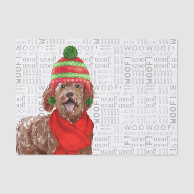 Woof Word Art and Brown Labradoodle Dog Weihnachte Seidenpapier (Vorderseite)