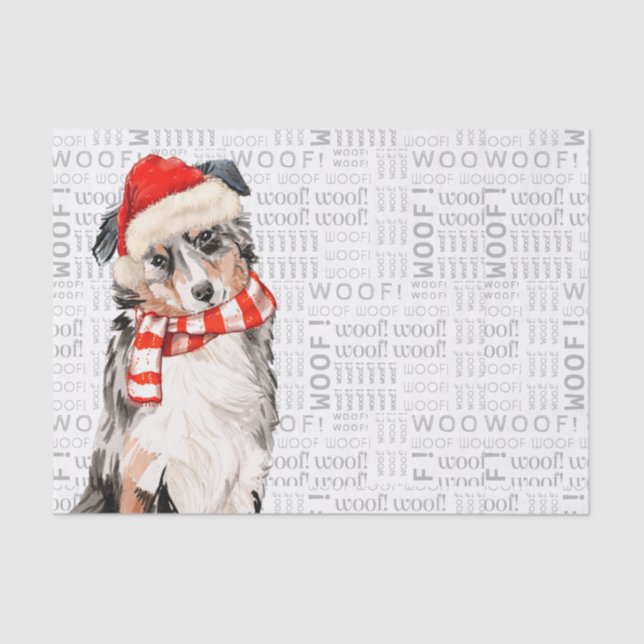 Woof Word Art und Australian Shepherd Santa Dog Seidenpapier (Vorderseite)