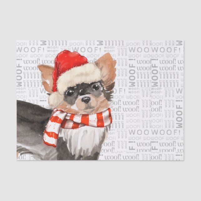 Woof Word Art und langhaariger Chihuahua Santa Dog Seidenpapier (Vorderseite)