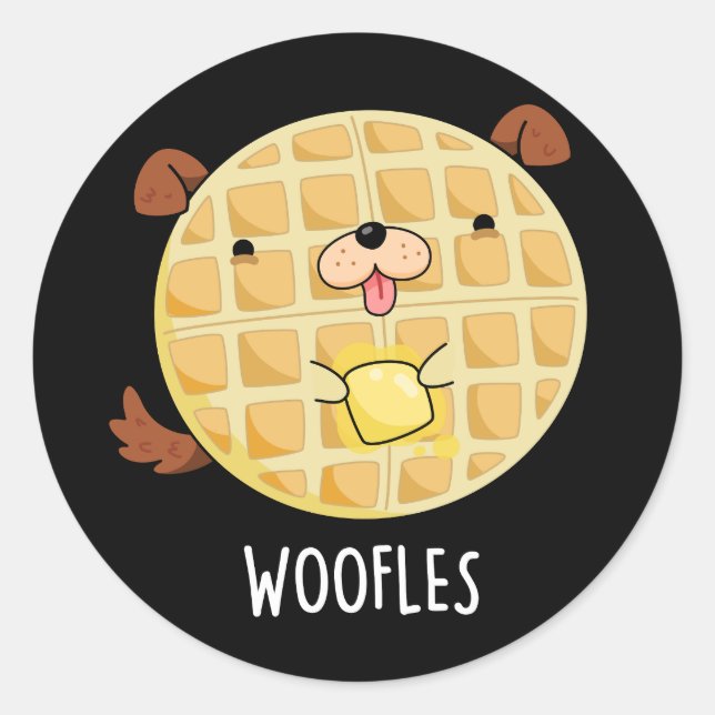 Woofles Funny Doggy Waffle Pun Dark BG Runder Aufkleber (Vorderseite)