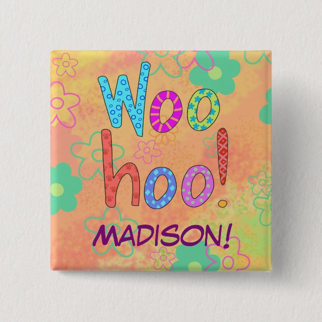 WooHoo Orange Word Text Art Name Abzeichen Button (Vorderseite)