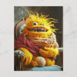 Wool monster crocheting in a chair. Funny Postkarte