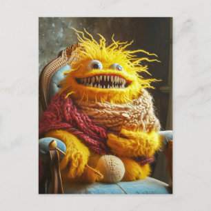 Wool monster crocheting in a chair. Funny Postkarte