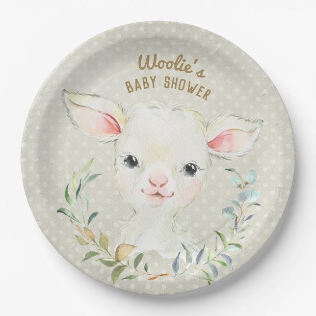 Woolie Lambert Neutral Dessert Plate - Babydusche Pappteller (Vorderseite)