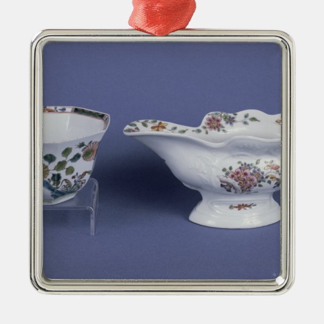 Worcester formten ovales Soßeboot und achteckiges Silbernes Ornament (Vorne)