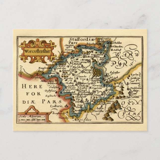 Worcestershire Landkreis Map, England Postkarte (Vorderseite)
