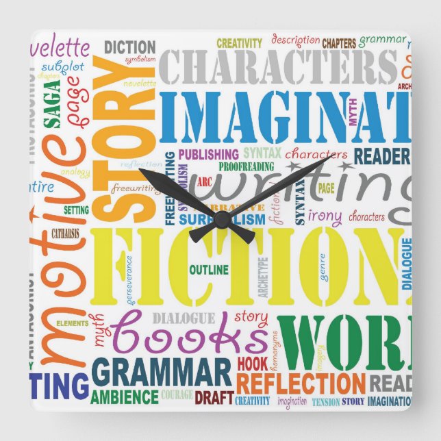 Word Art Clock von White Fiktion Writer Quadratische Wanduhr (Vorderseite)