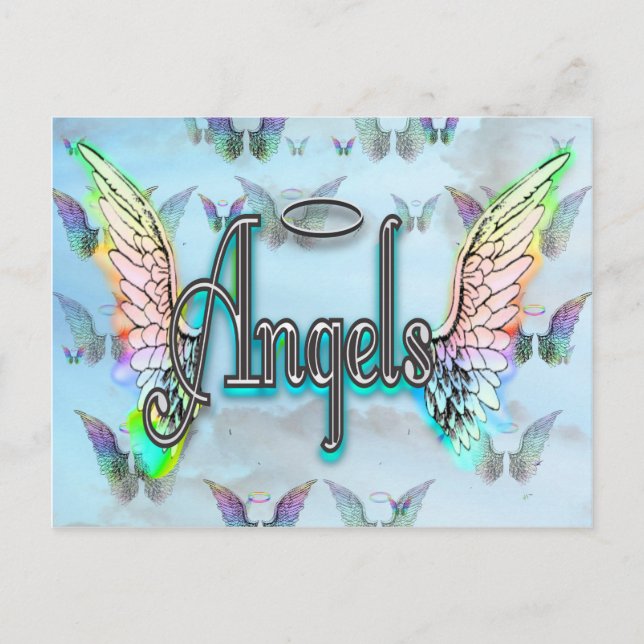 Word Art Engel mit Wings & Halo Postkarte (Vorderseite)