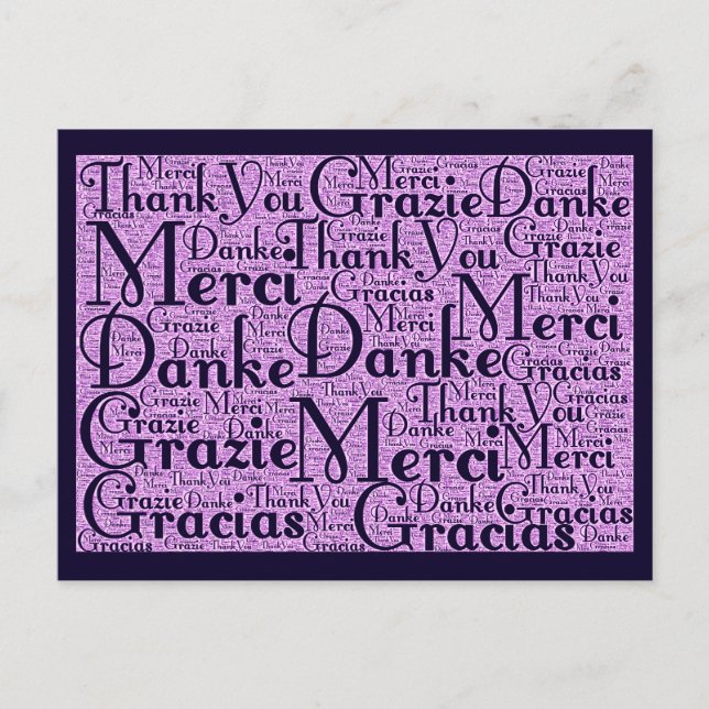 Word Art: Vielen Dank in mehreren Sprachen - Rosa  Postkarte (Vorderseite)