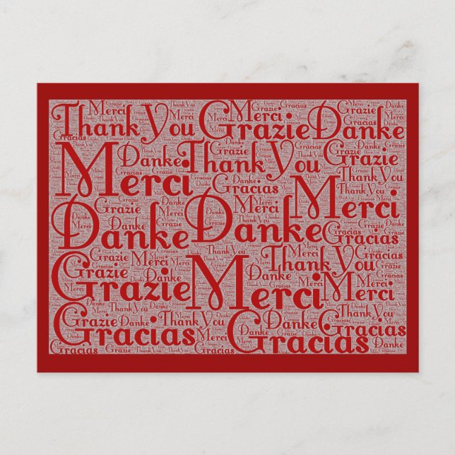 Word Art: Vielen Dank in Multi Languages - Red Whi Postkarte (Vorderseite)