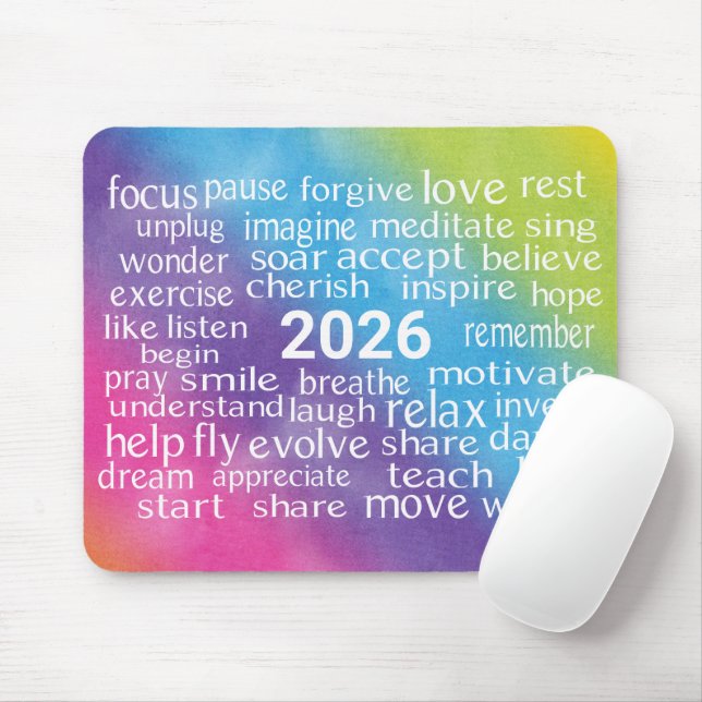 Word Cloud 2026 über Regenbogen Abstrakt Mousepad (Mit Mouse)