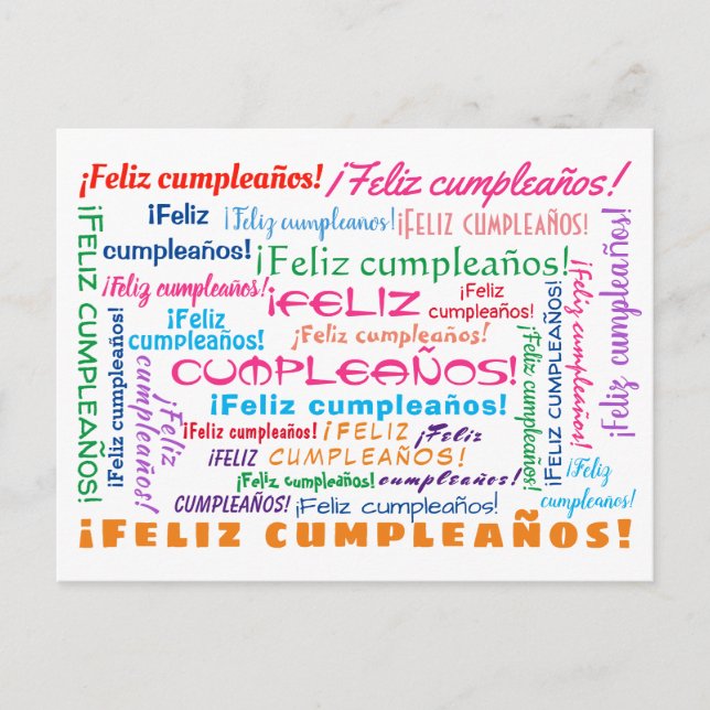 Word Cloud Feliz Cumpleaños Spanisches Glück Gebur Postkarte (Vorderseite)