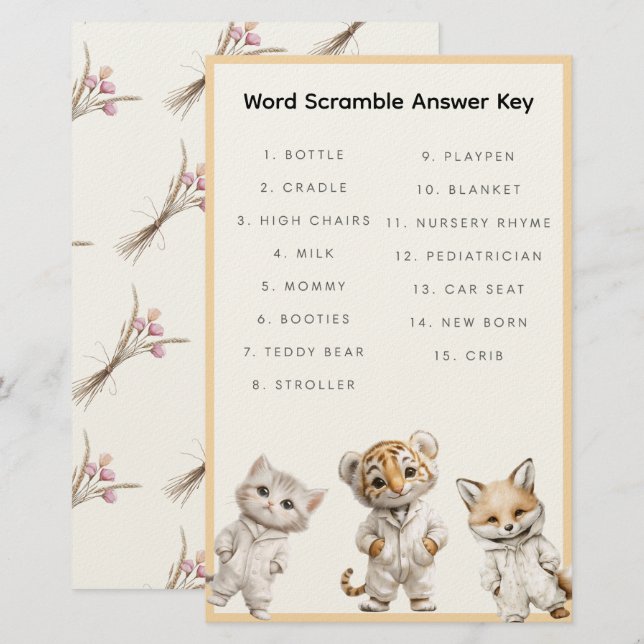 Word Scramble Answer Key Whimsical Pajama Animals Briefpapier (Vorne/Hinten)