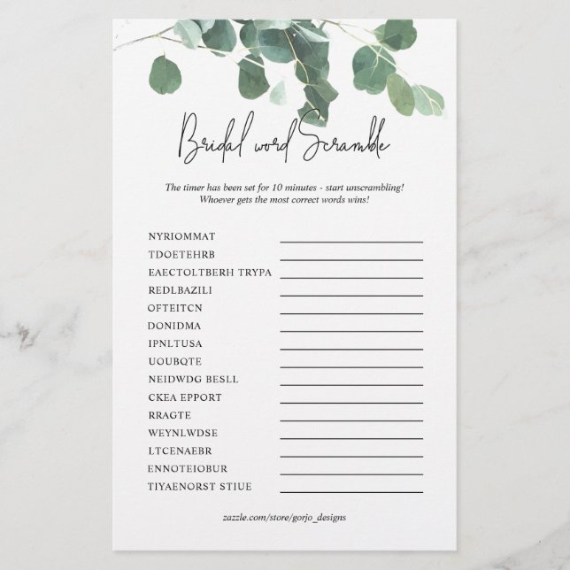Word Scramble Brautparty Game Eucalyptus Leaf (Vorderseite)