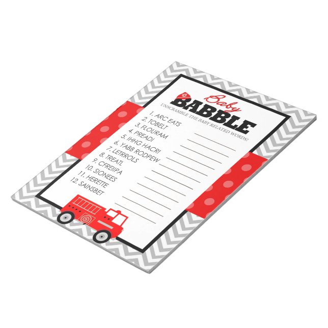 Word Scramble Fireruck Baby Shower Game Pack Notizblock (angewinkelt)