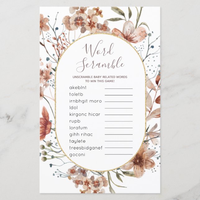 Word Scramble Game Autumn Wildblumen signieren (Vorderseite)