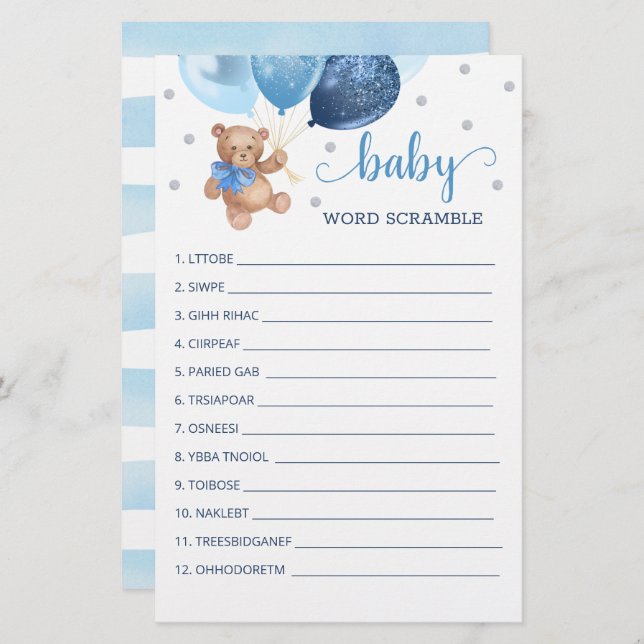 Word Scramble Game für den Baby Shower Teddy Bär (Vorne/Hinten)
