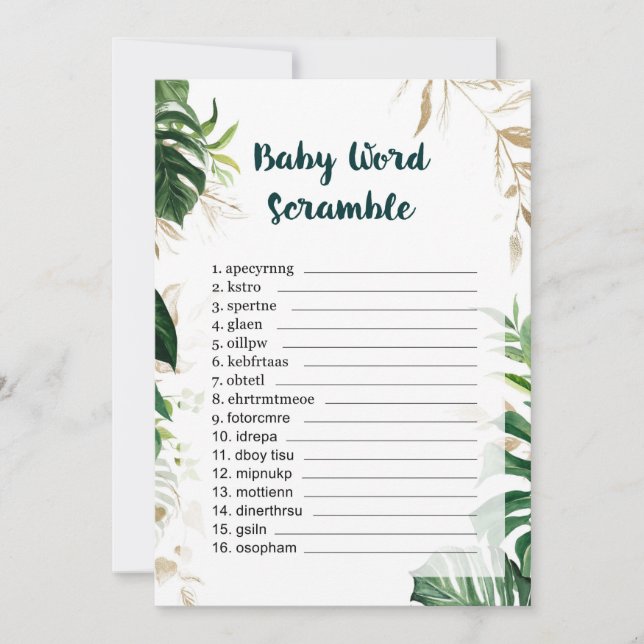 Word Scramble Gold Safari Baby Showspiel Einladung (Vorderseite)