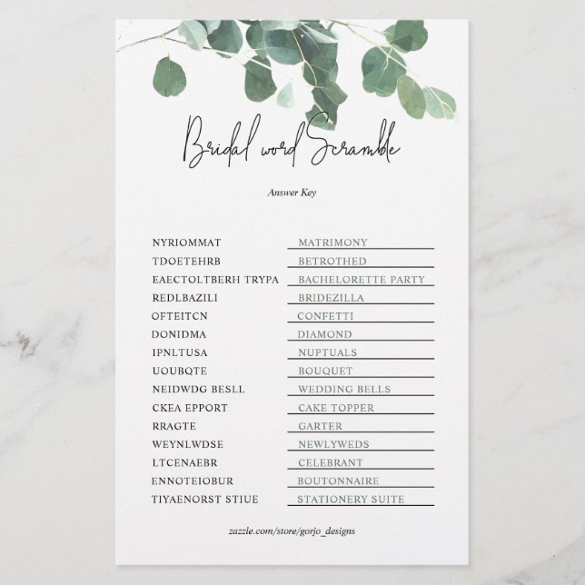 Word Scramble Key Brautparty Spiel Eukalyptus (Vorderseite)