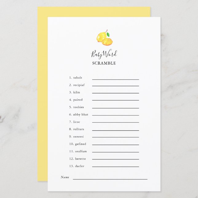 Word Scramble Lemon Baby Shower Game Elegant (Vorne/Hinten)