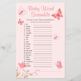 Word Scramble Pink Butterflies Baby Showspiel Flyer