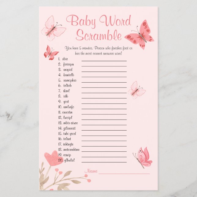 Word Scramble Pink Butterflies Baby Showspiel Flyer (Vorne)