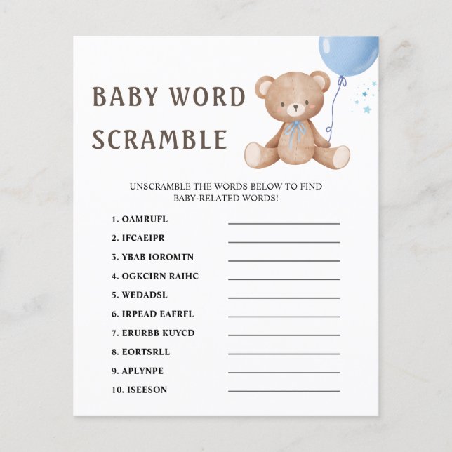 Word Scramble Teddy Bear Balloon Baby Showspiel (Vorderseite)