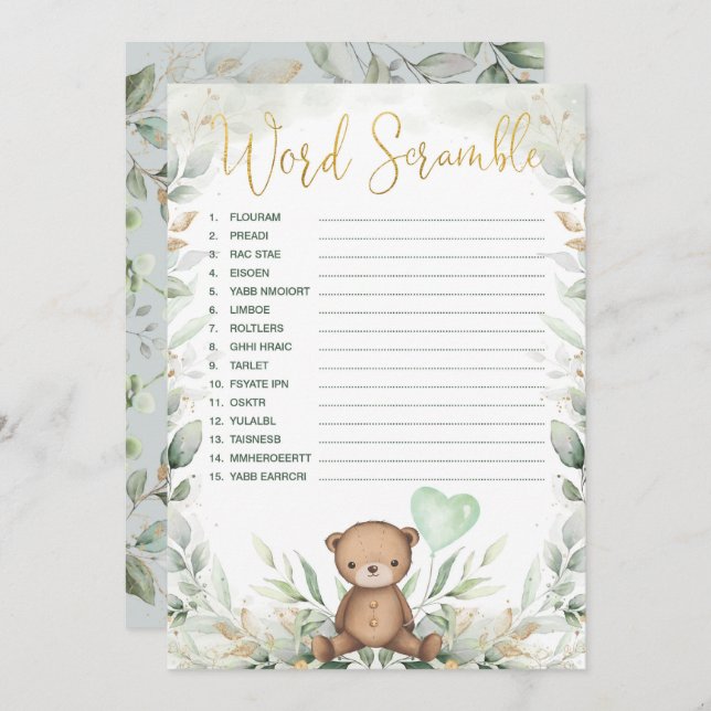 Word Scramble Teddy Bear Greenerity Baby Shower Ga Einladung (Vorne/Hinten)