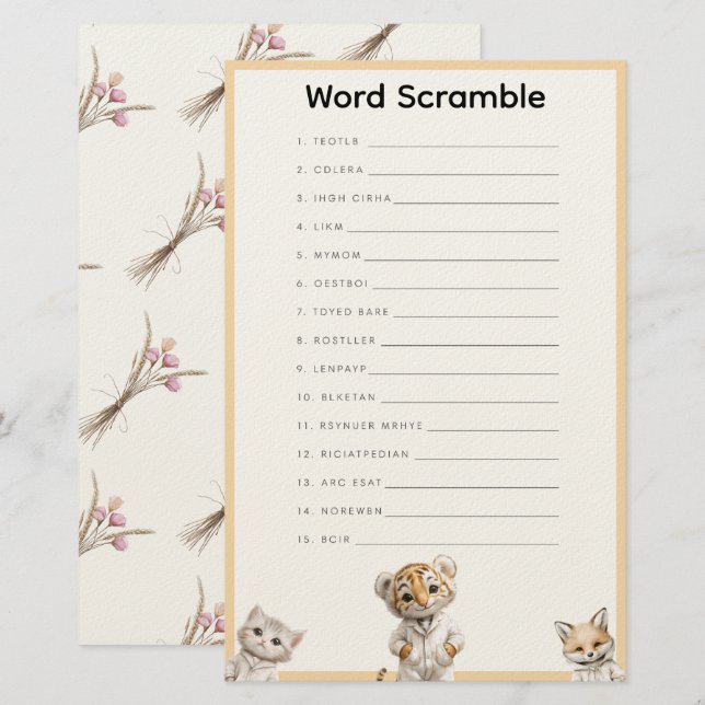  Word Scramble Whimsical Pajama Animals Briefpapier (Vorne/Hinten)