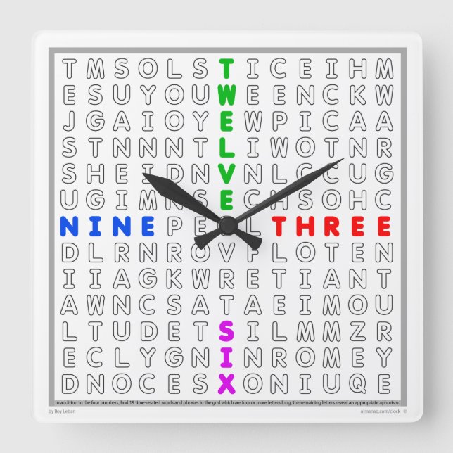 Word Search Clock mit herunterladbarem Puzzle (Far Quadratische Wanduhr (Vorderseite)