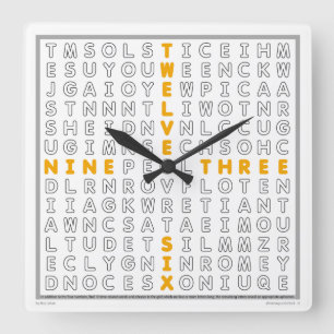Word Search Clock mit herunterladbarem Puzzle(oran Quadratische Wanduhr