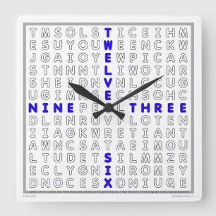 Word Search Clock with downloadable puzzle (blue) Quadratische Wanduhr