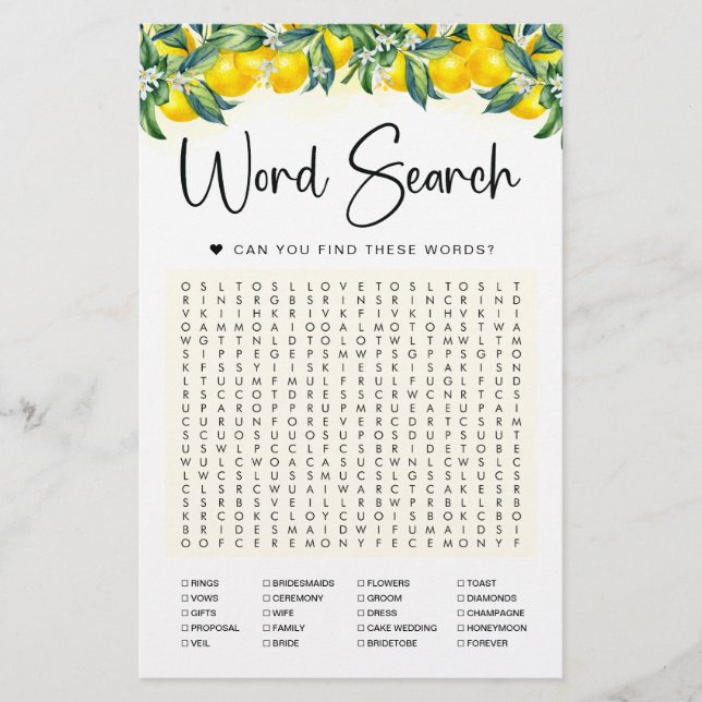 Word Search Game Lemon Brautparty Card (Vorderseite)