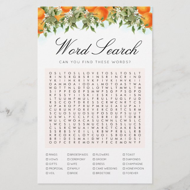 Word Search Orange Game Brautparty Card (Vorderseite)