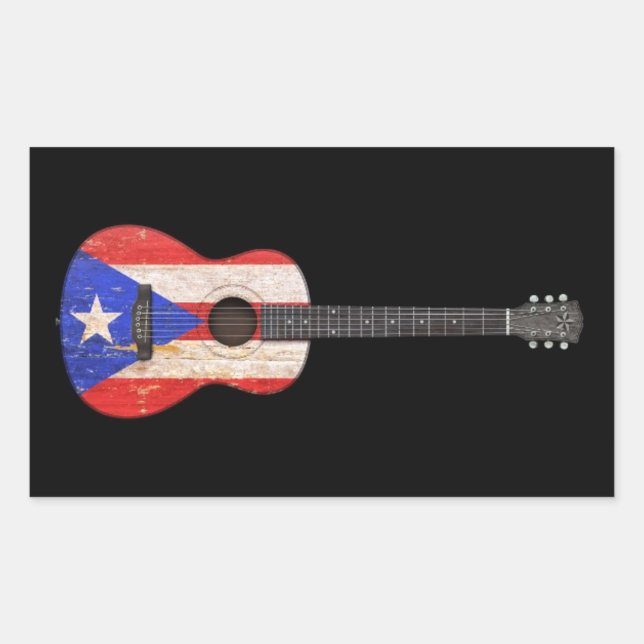 Worin Puerto Rico Flag Acoustic Guitar, schwarz Rechteckiger Aufkleber (Vorderseite)